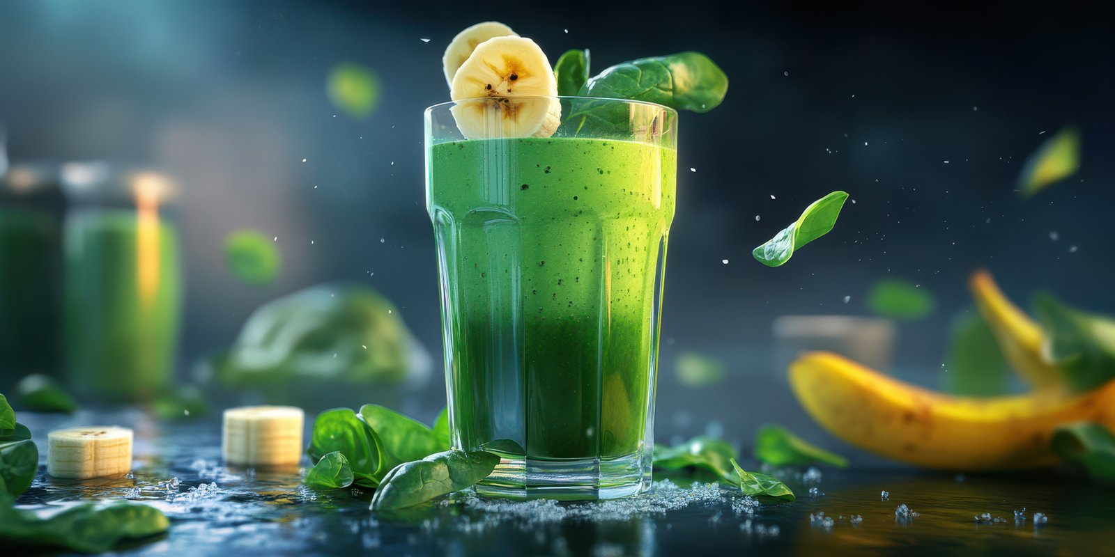 Refreshing green smoothie with banana and spinach served in a glass with garnish
